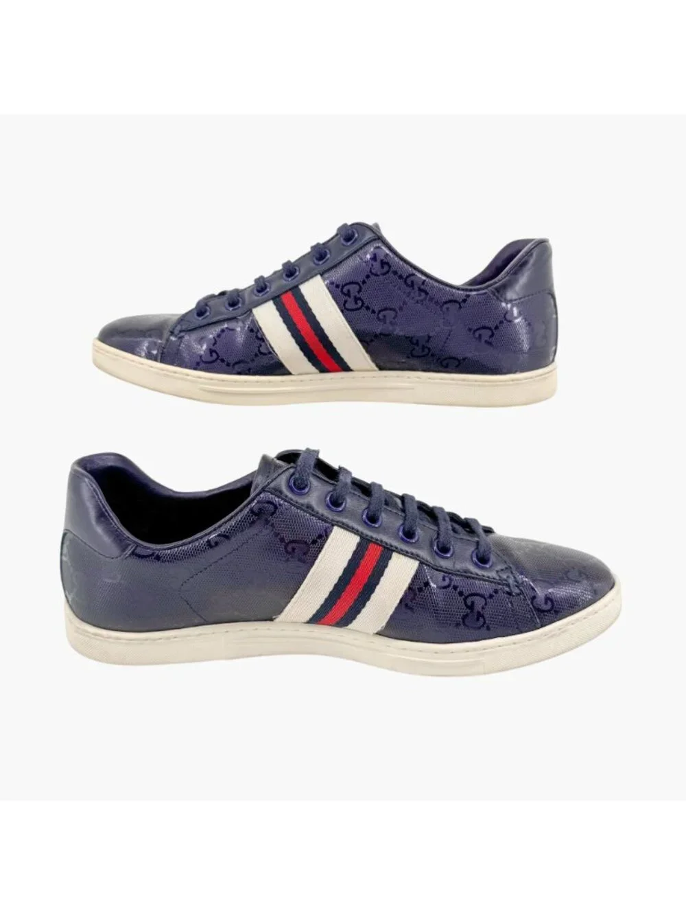 Gucci Low Top Sneakers EU 37 US 7 Navy Blue GG Monogram Impreme Logo Ace Shoe